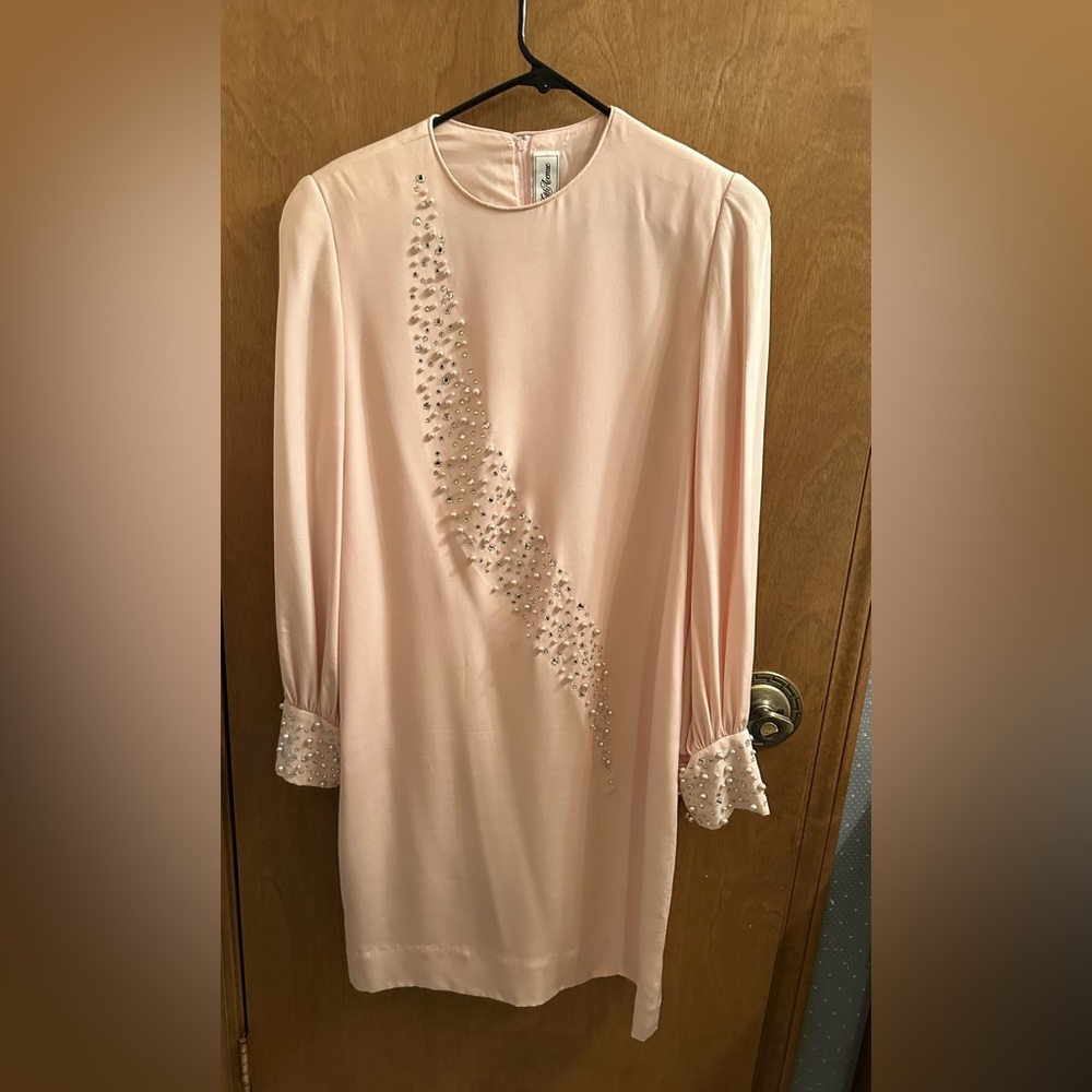 Blush Pink Silk Dress with crystal and pearl David Hayes for Saks Fifth Avenue
